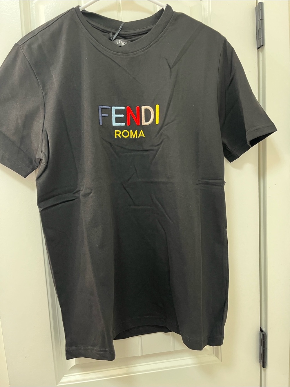 Fendi Black Short Sleeve Tee with Multicolor FENDI ROMA Embroidery